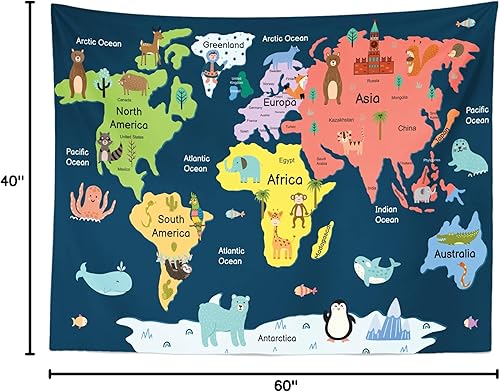 Miniatura 32 de BELECO Tapiz de mapa del mundo infantil para colgar en la pared, diseño de animales de dibujos animados, para dormitorio, sala de estar, dormitorio