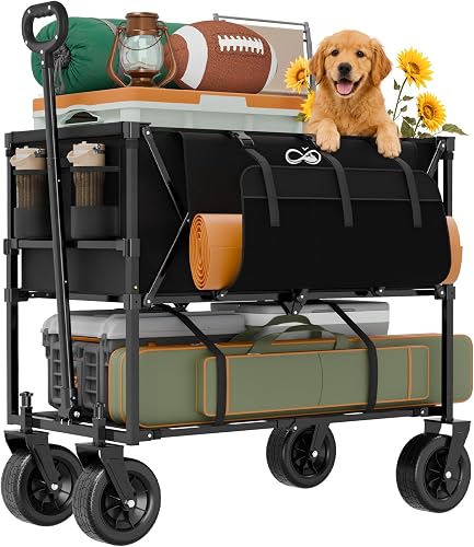 400L Double Decker Folding Wagon Cart, Converts to Single Layer | Two levels keep gear organized or drop to one deep bed, holds 480 lbs, folds flat, beach camping sports garden