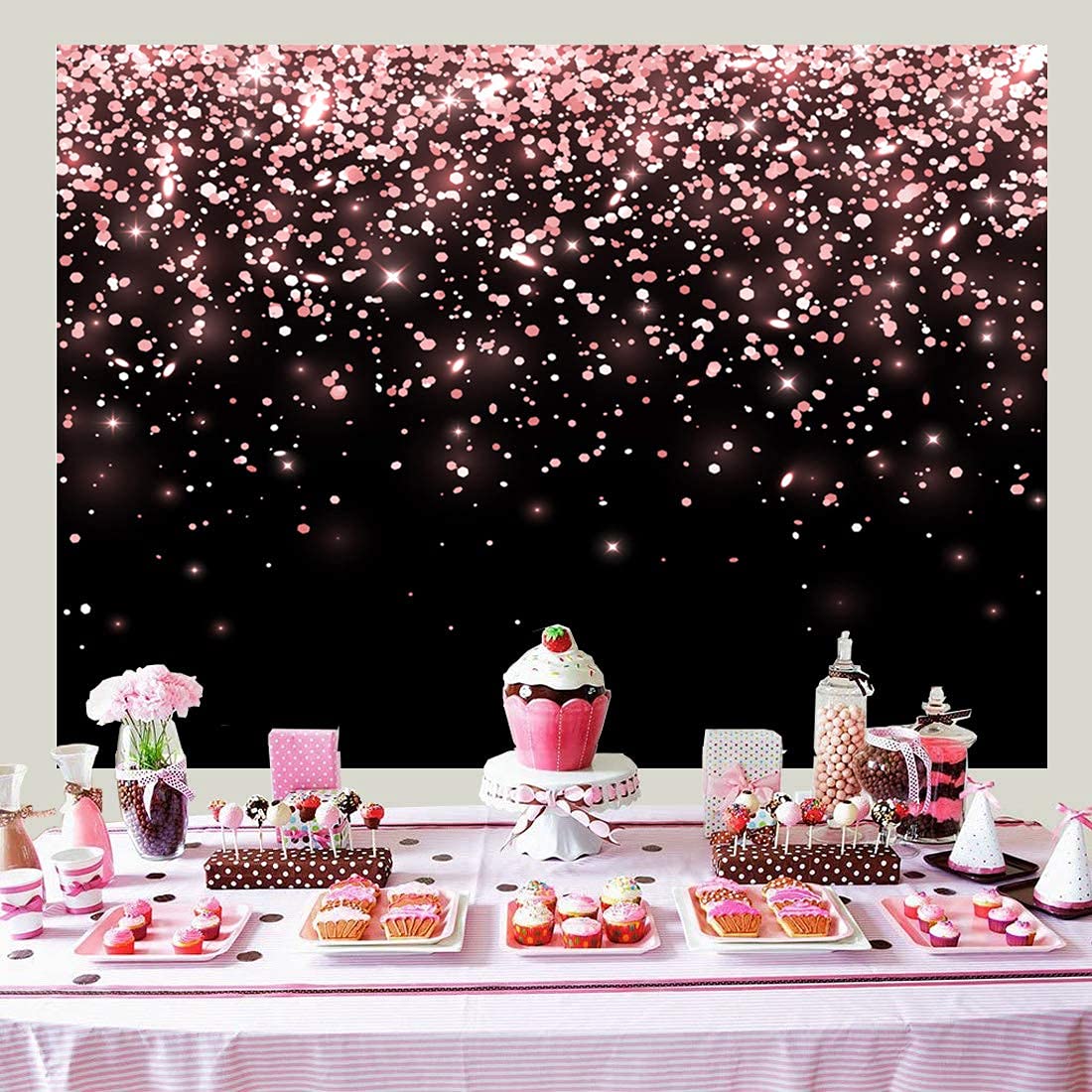 WOALDA 7x5FT Rose Gold and Black Backdrop Pink Bokeh Backdrop Black and Rose Gold Backdrop