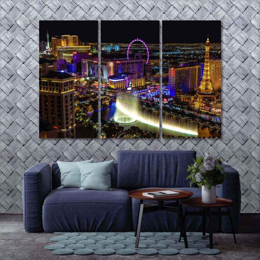 DDSDA Las Vegas City, Las Vegas 3-Teilig auf Leinwand, XXL 3 Teilig Bilder Wandbild Vlies - Leinwand Kunstdruck auf Wandbild Rahmen Wanddekoration mit Rahmen