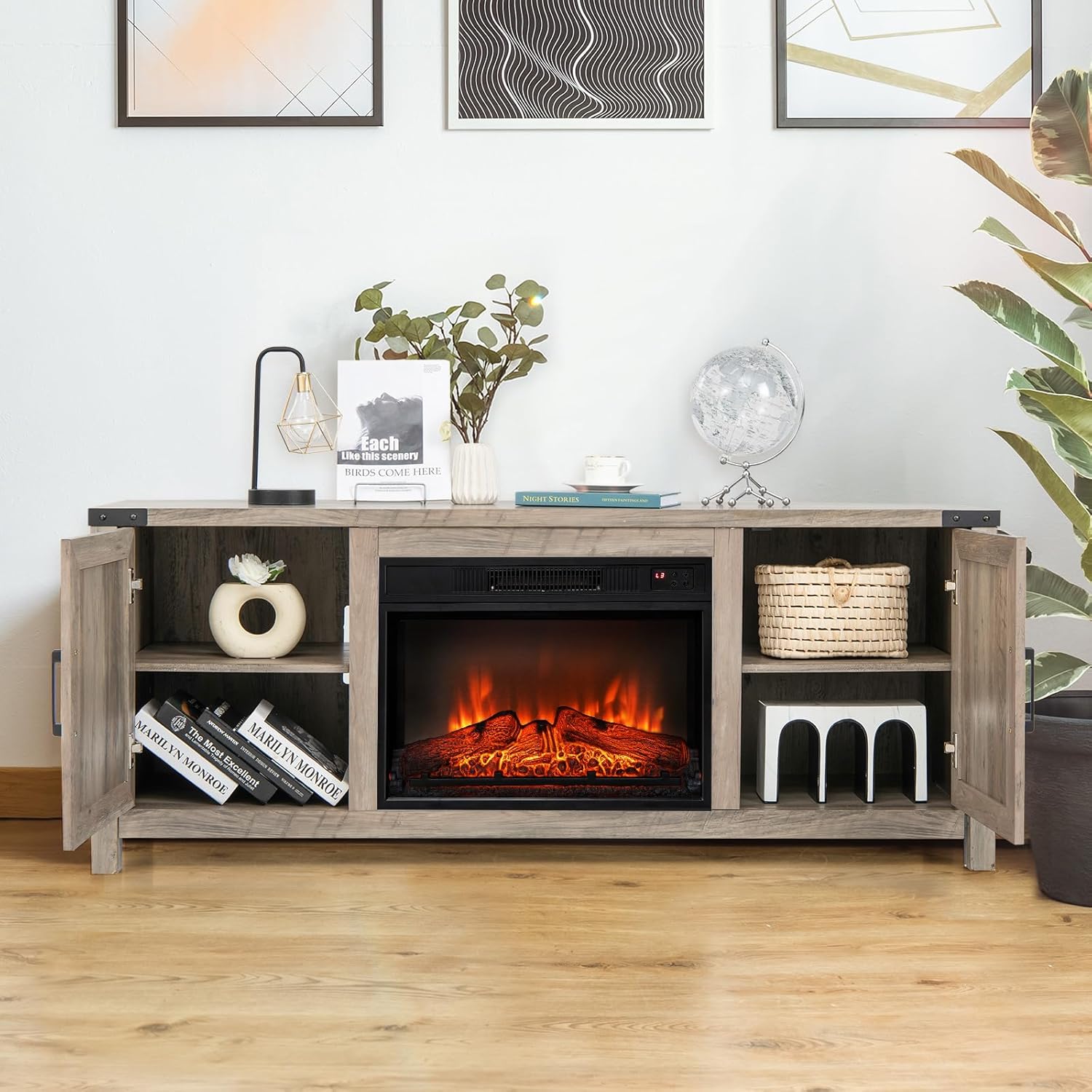 Tangkula Fireplace TV Stand for TVs up to 70 Inch, Farmhouse TV Console with 23” Electric Fireplace Insert, Remote Control, 2 Heating Modes & 3 Flame Brightness, Media Entertainment Center (Natural)