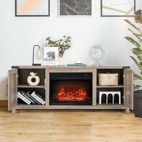 Miniatura 2 de Tangkula Soporte de TV con chimenea para televisores de hasta 70 pulgadas, consola de TV de granja con inserto de chimenea eléctrica de 23 pulgadas,