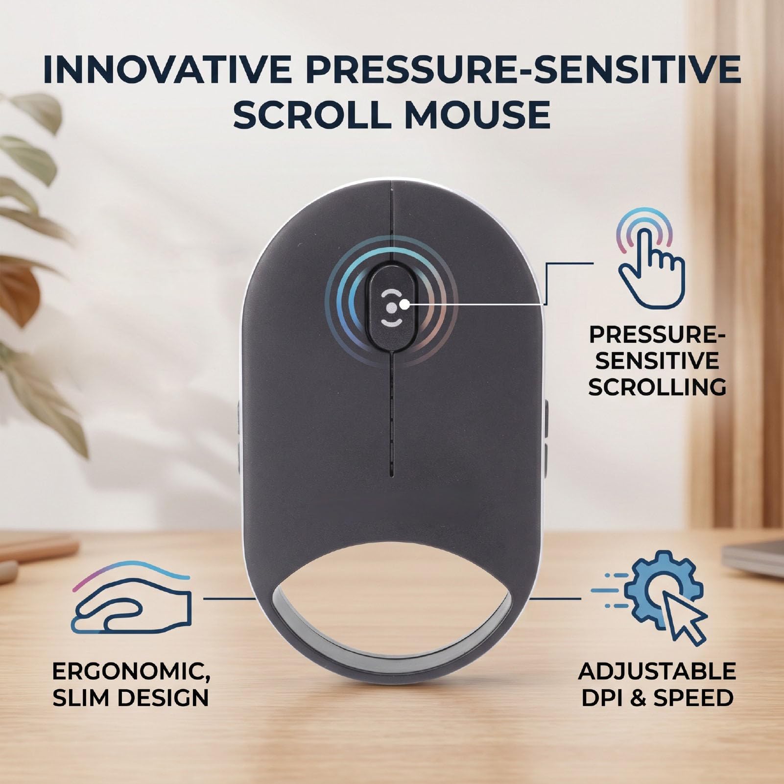 Mouse Scroll Pressione Sensibile, Mouse Wireless 3 Modalità Bluetooth 5.0 5.2 2.4G USB Silenzioso con 4 DPI Regolabile 4 Velocità Scorrimento per IOS HarmonyOS