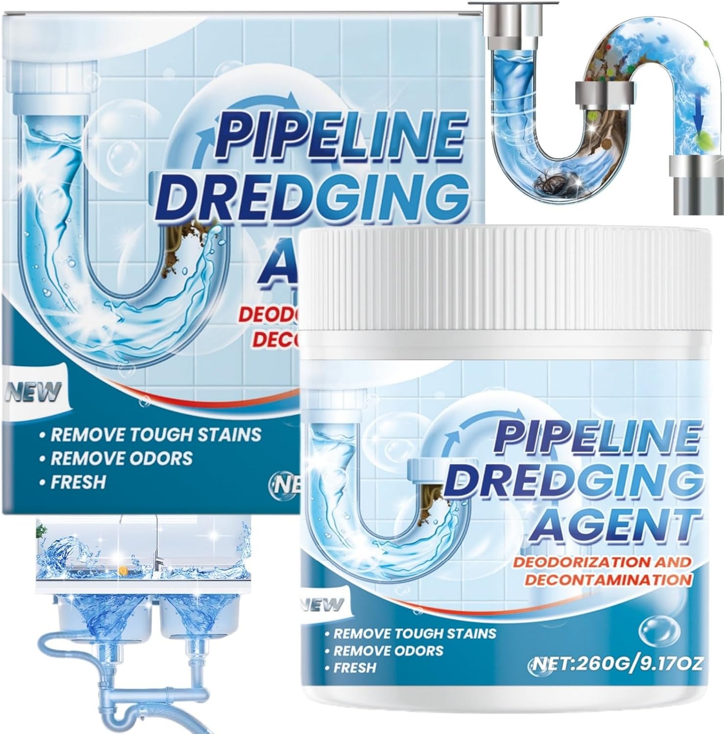 260g Drain Unblocker Powder,Sink and Drain Cleaner,Unblocker Liquid Heavy Duty,Quickly Removes Hair,Lipid,Blockages Grease&Leftovers in Sink and Pipe,Fast-Acting Foam Cleaning Powder for Pipes