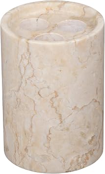Creative Home Natural Beige Marble Toothbrush Holder Organizer Round 3-Slot Bathroom Countertop Toothbrush Stand Heavy Stone Vanity Organizer, 3.3 Diam. x 4.5 H Inch