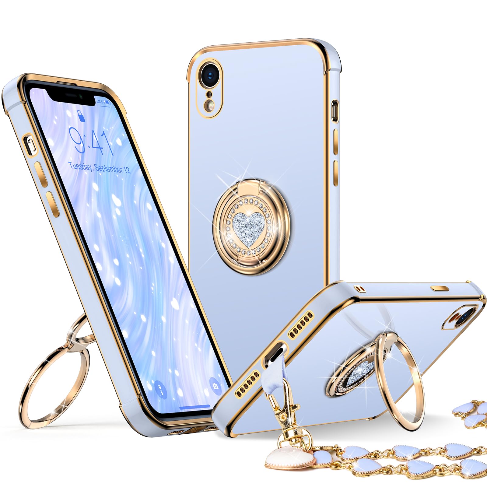 XYZ for iPhone XR Case with Stand, Phone Case with Double Ring Kickstand, Women Girl Cute Love-Heart Luxury Bling Protective Case Heart for iPhone XR(