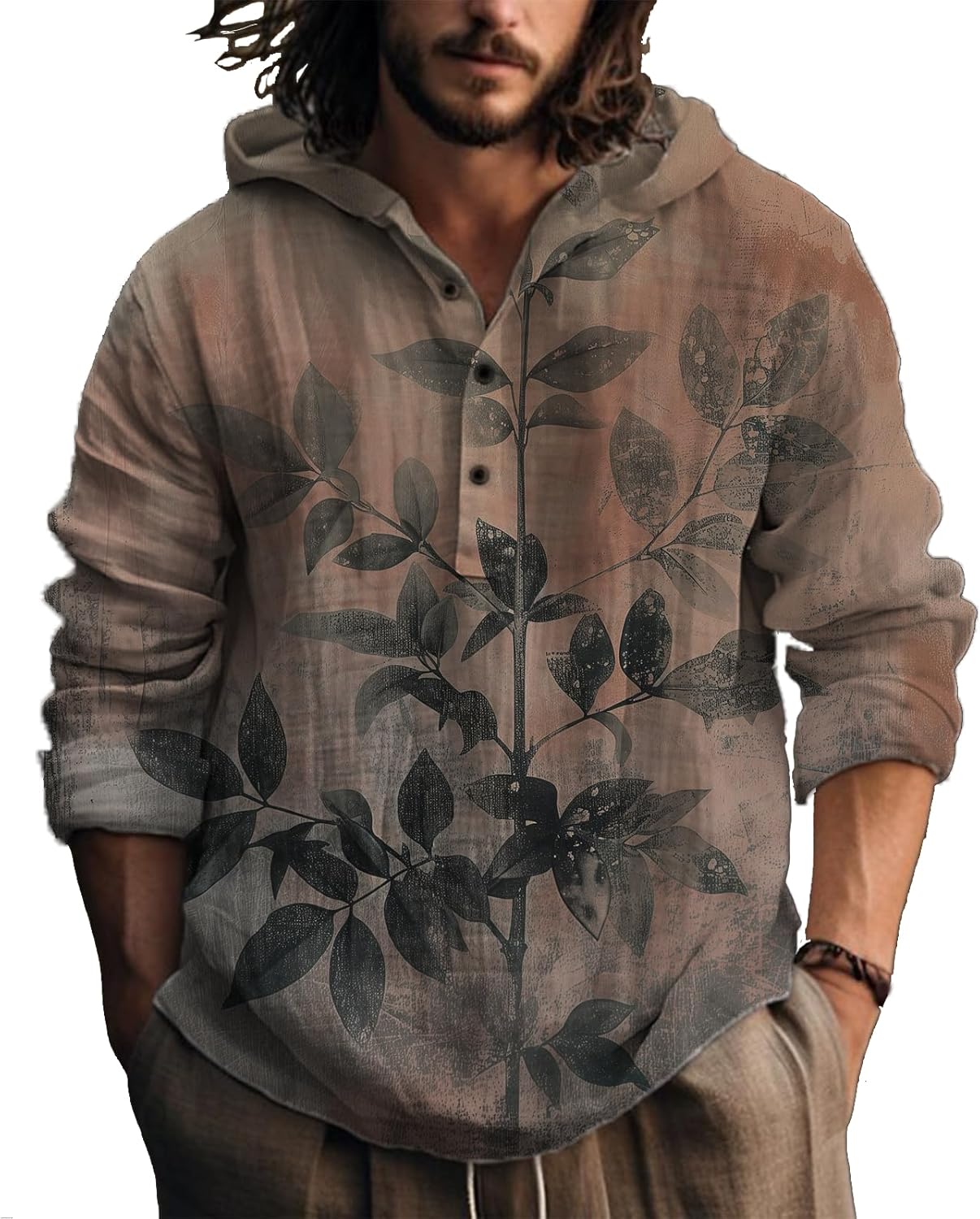 Mens Graphic Sweatshirt Japanese Long Sleeve Henley Neck Hoodies Hooded Sweatshirt