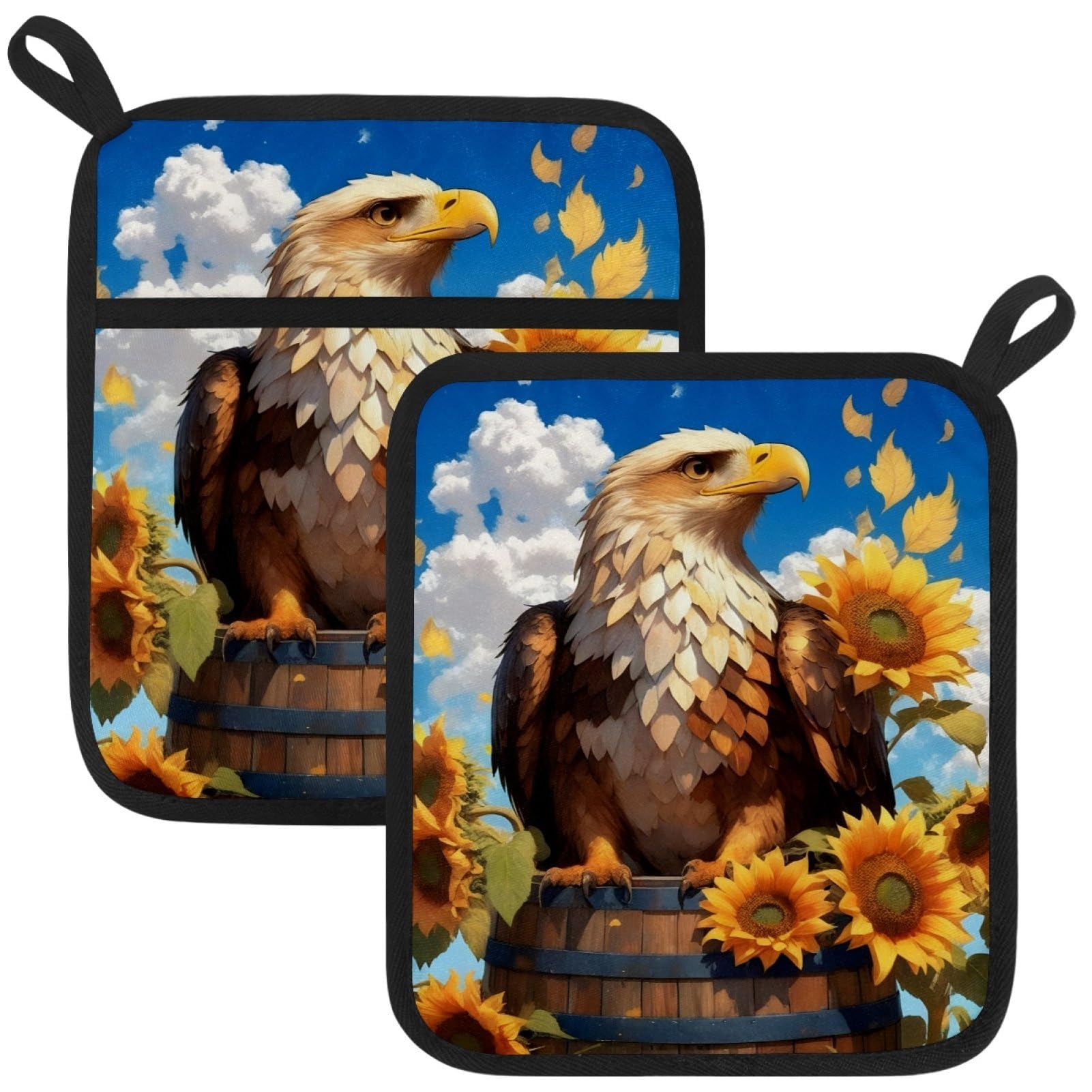 VAPOKF Farmhouse Eagle Sunflower Pot Holders with Pocket for Kitchen Heat Resistant Potholders Large Polyester-Cotton Square Oven Mitts Set