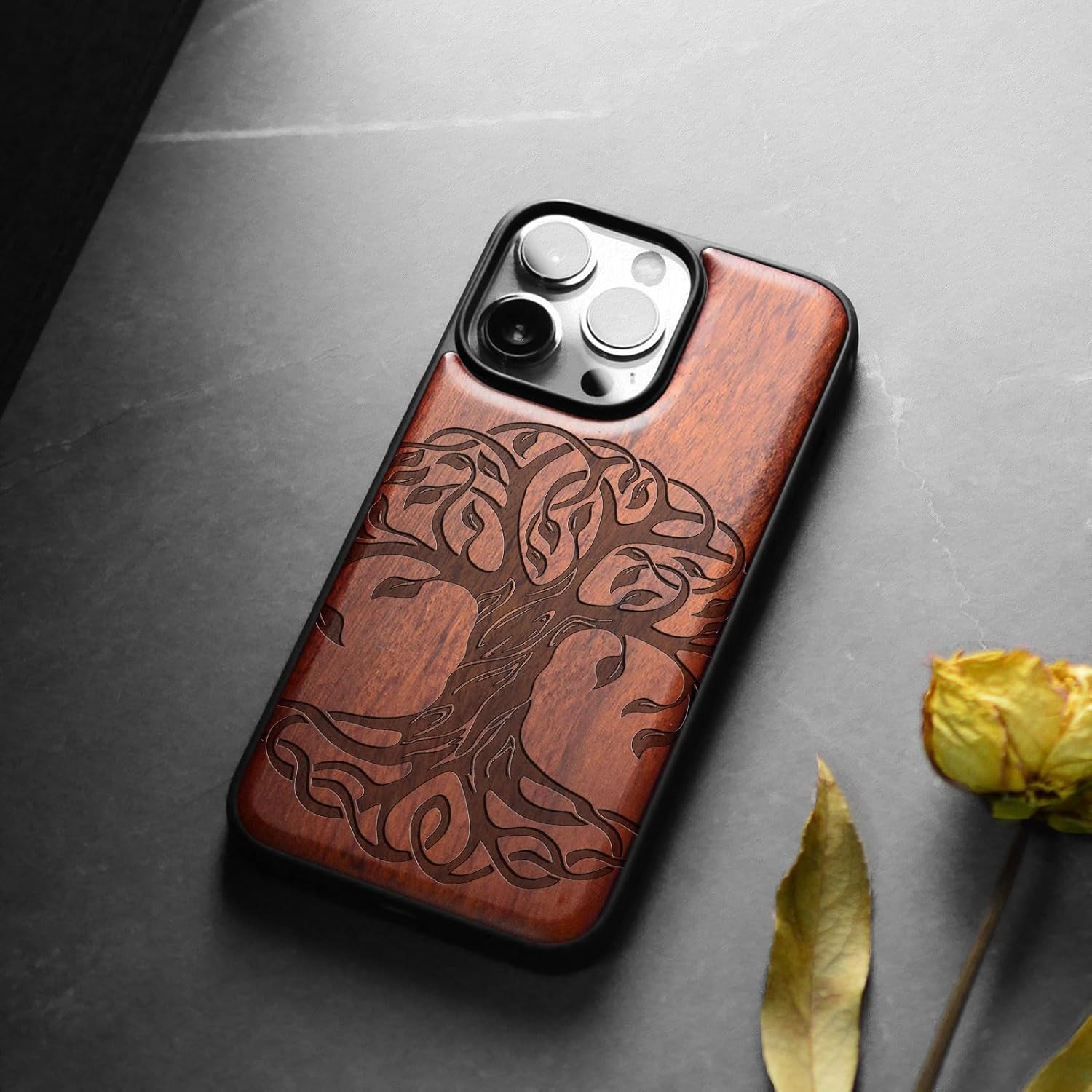 Carveit Magnetic Wooden Case for iPhone 15 Pro Case, Compatible with MagSafe Wireless Chargers, Black Soft TPU Shockproof Cover & Wood Artisan Engraved (Celtic Tree of Life) - Rosy