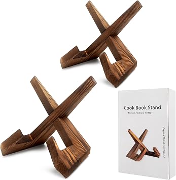 Country Rustic Cookbook Holder Pack of 2, Foldable Wooden Cookbook Stands with Gift Packing Boxes, Vintage Wooden Recipe Holder, Farmhouse Style Kitchen Cookbook Stand for CounterTop 2 in Brown