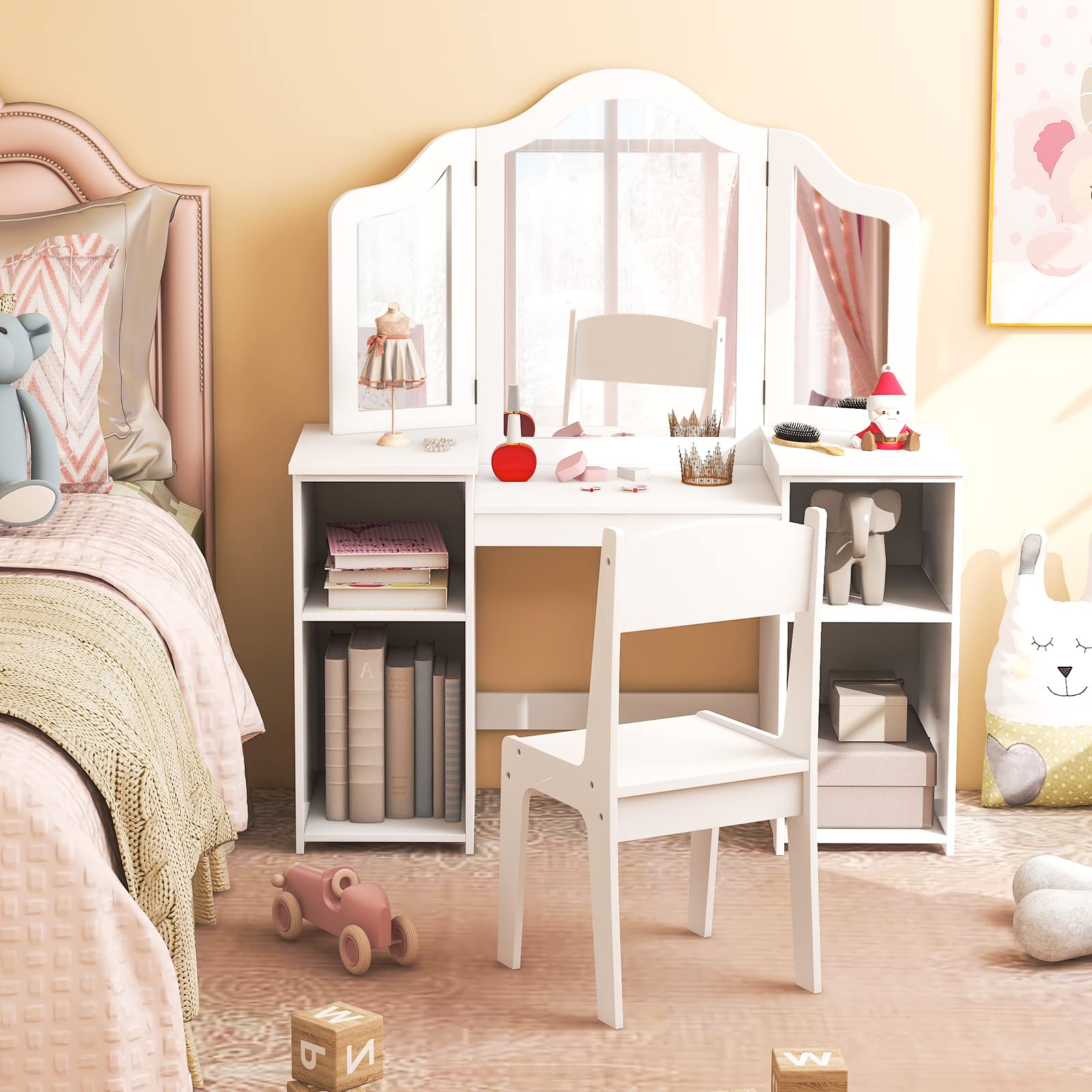 DREAMADE 2 en 1 Coiffeuse Enfants Fille avec Tabouret,Table de Maquillage Princesse avec Miroir Triptyque Amovible,4 Étagères Ouvertes (Blanc+Tabouret)