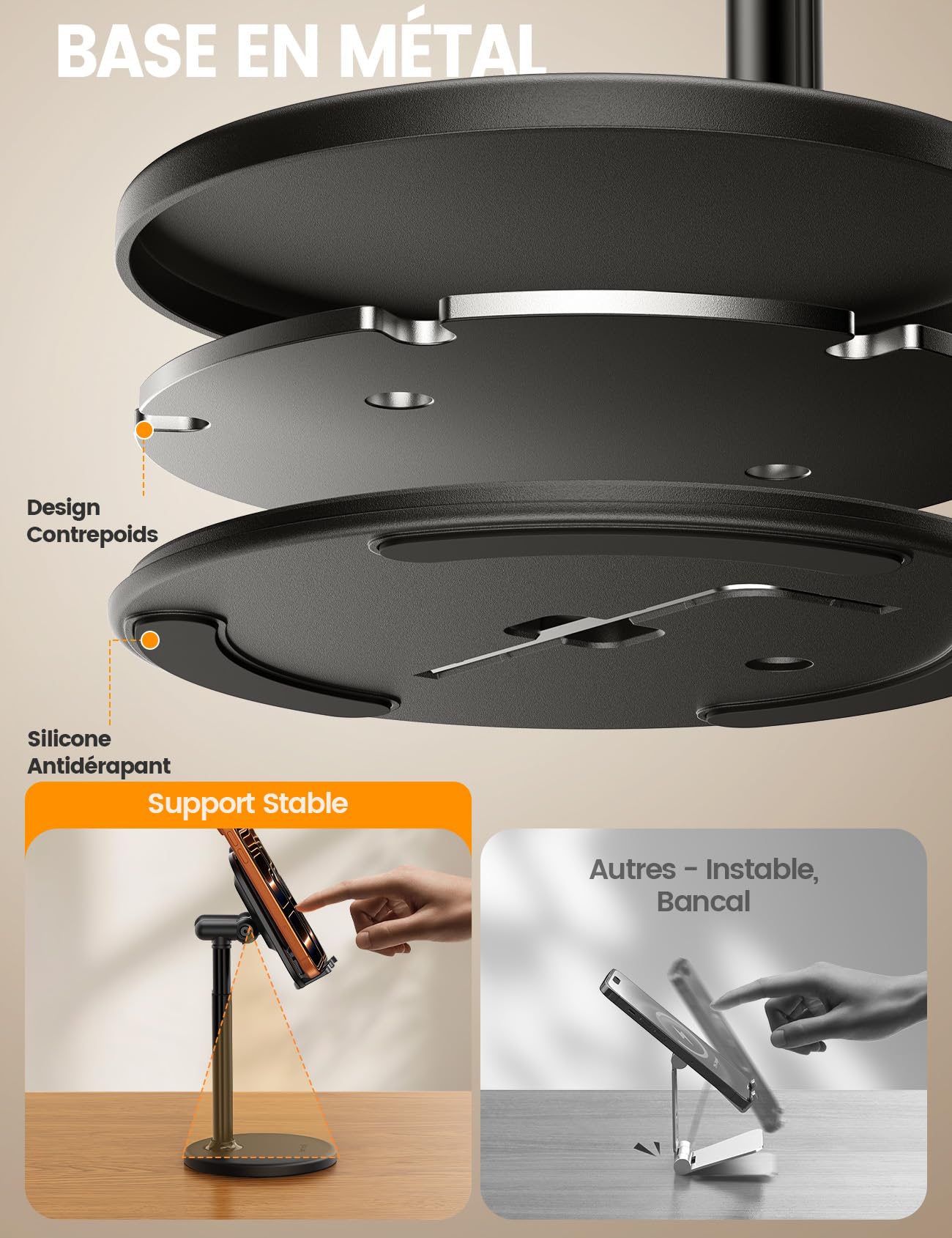 Lamicall Support Téléphone Bureau Réglable, Porte Téléphone avec Base Métallique Stable pour iPhone Android Smartphone Tablette