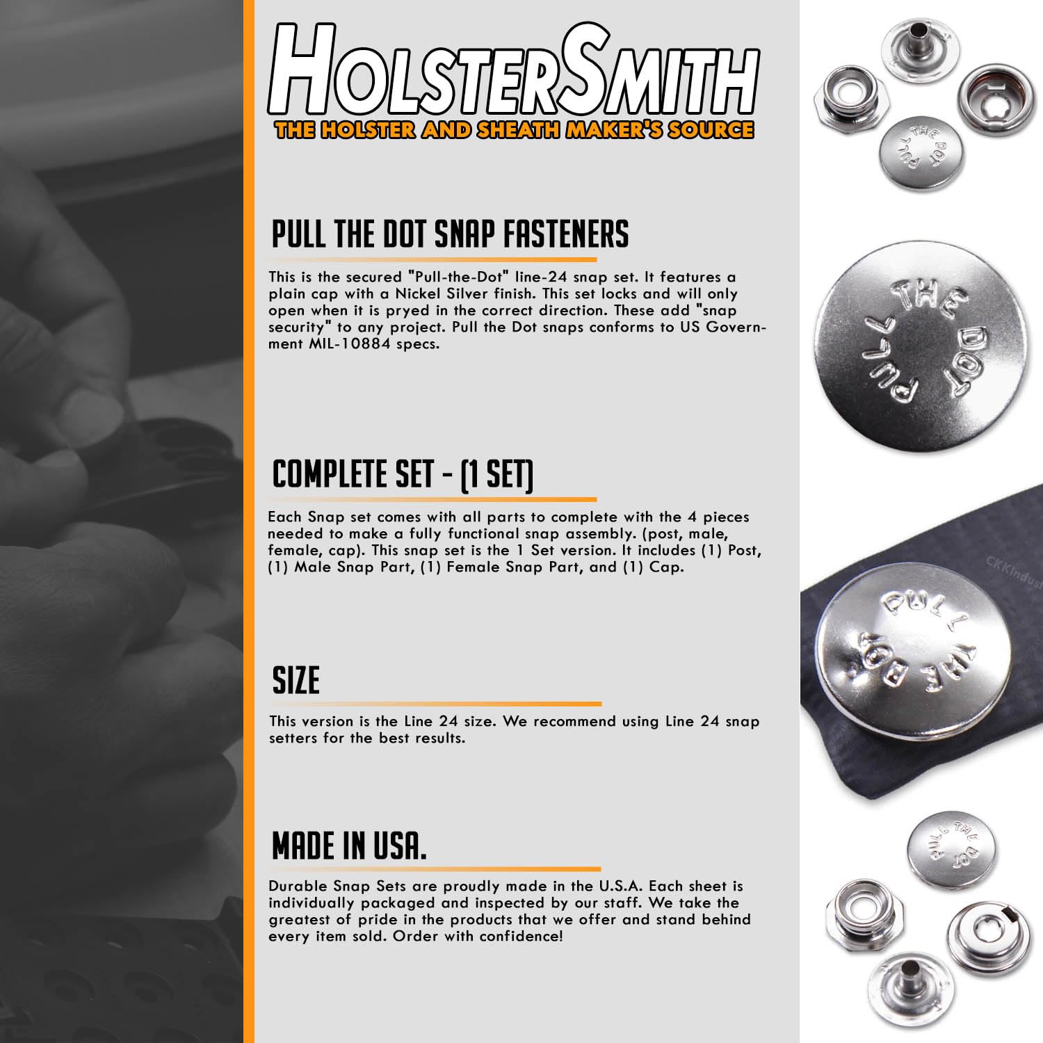 HolsterSmith Juego de broches de metal (línea 24) - (tira del punto) - (níquel plateado) - (1 juego) - para cuero, fundas, fundas, bolsas y ropa