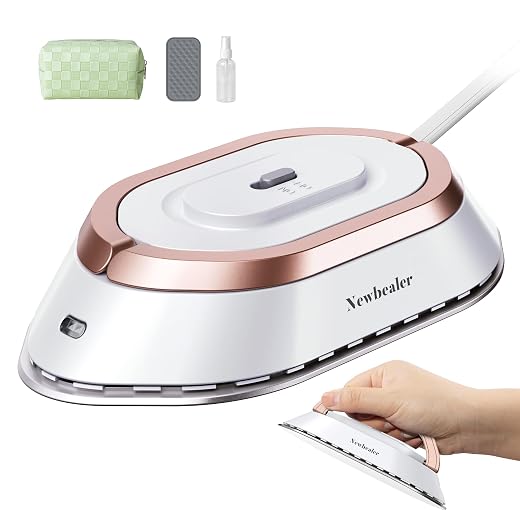 Newbealer Travel Iron with Dual Voltage - 120V/220V Lightweight Dry Iron for Clothes (No Steam), Non-Stick Ceramic Soleplate, 302℉ Mini Heat Press Machine, w/Spray Bottle, Pouch & Silicone Stand