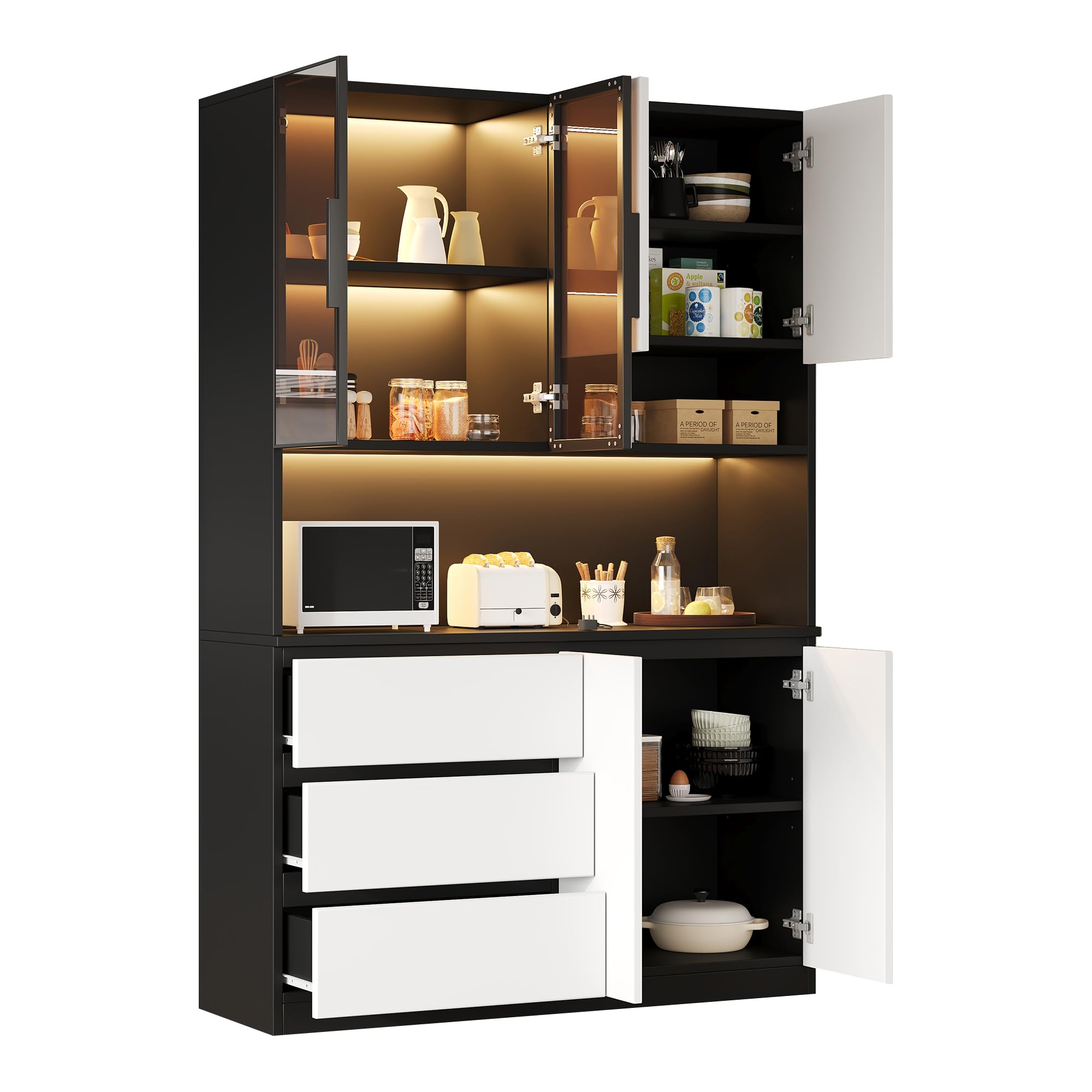 REXO Vetrina da cucina multifunzionale, con illuminazione a LED, 6 ante, 3 cassetti, ripiani, per riporre stoviglie, microonde, L 120,5 x P 40 x H 180 cm, bianco + nero