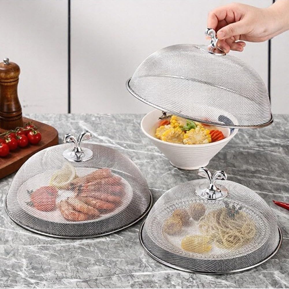 Edelstahl Lebensmittelabdeckung für Küche Spülmaschinenfest Staubschutz Insektenschutz Silber 24 26 28CM Robust Leicht zu Reinigen Modernes Design Für Platten und Schüsseln geeignet(28CM)