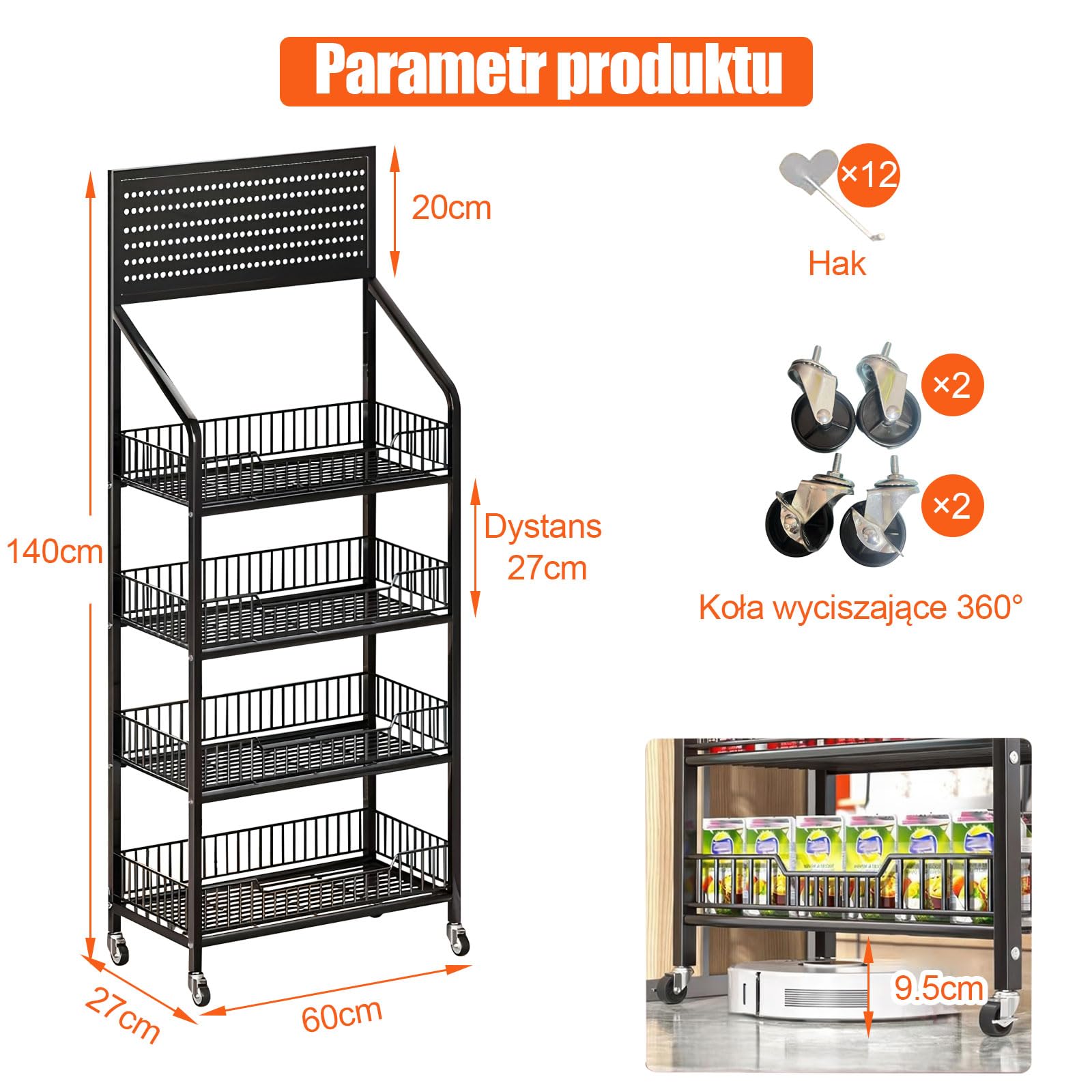 4-poziomowy stojak na przekąski do supermarketu, wolnostojący, czarny, ekspozycyjny regał sklepowy z 12 haczykami i 4 kółkami, duża metalowa półka na przekąski do sklepu