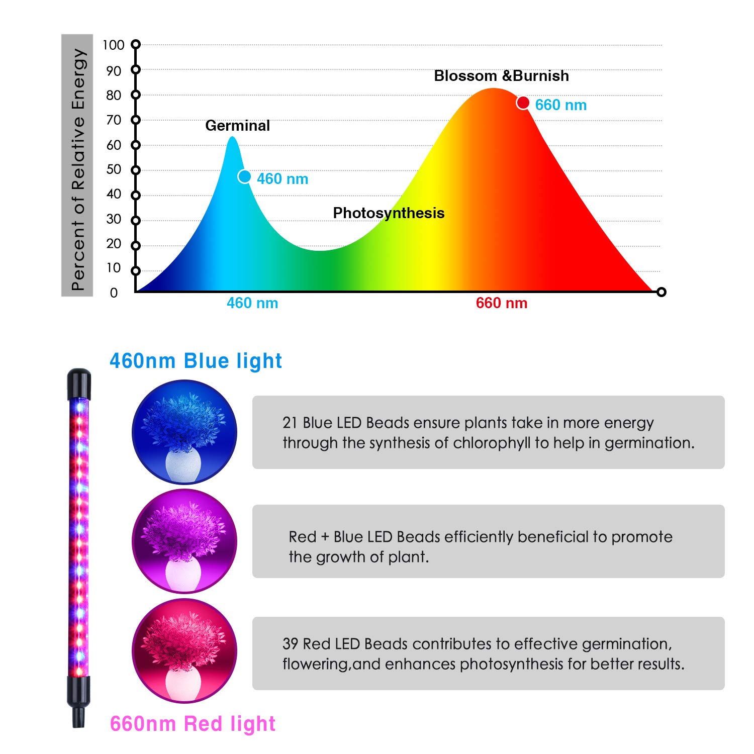 semai Lampe LED pour plantes 30 W - Lampe de croissance - Spectre complet pour plantes d'intérieur - Avec minuteur - 3 types de modes - 6 types de luminosité