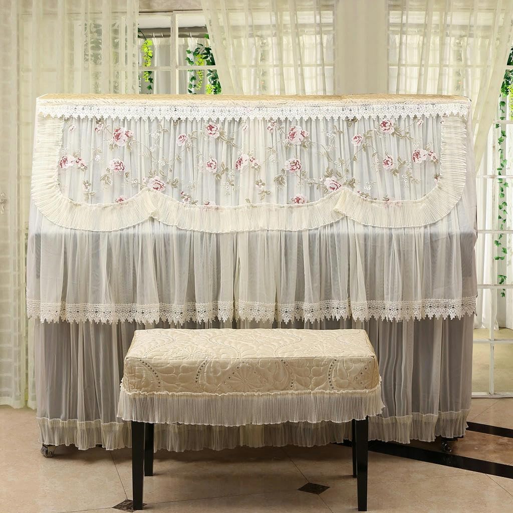 Klavier-Schutztuch, 150 x 105 x 40 cm, beige, ländliche bestickte Spitze, Rüschen, Staubschutz for aufrechte Klaviere mit Hocker-Abdeckung, vollständige Abdeckung for aufrechte Klaviere (Farbe: Konkub