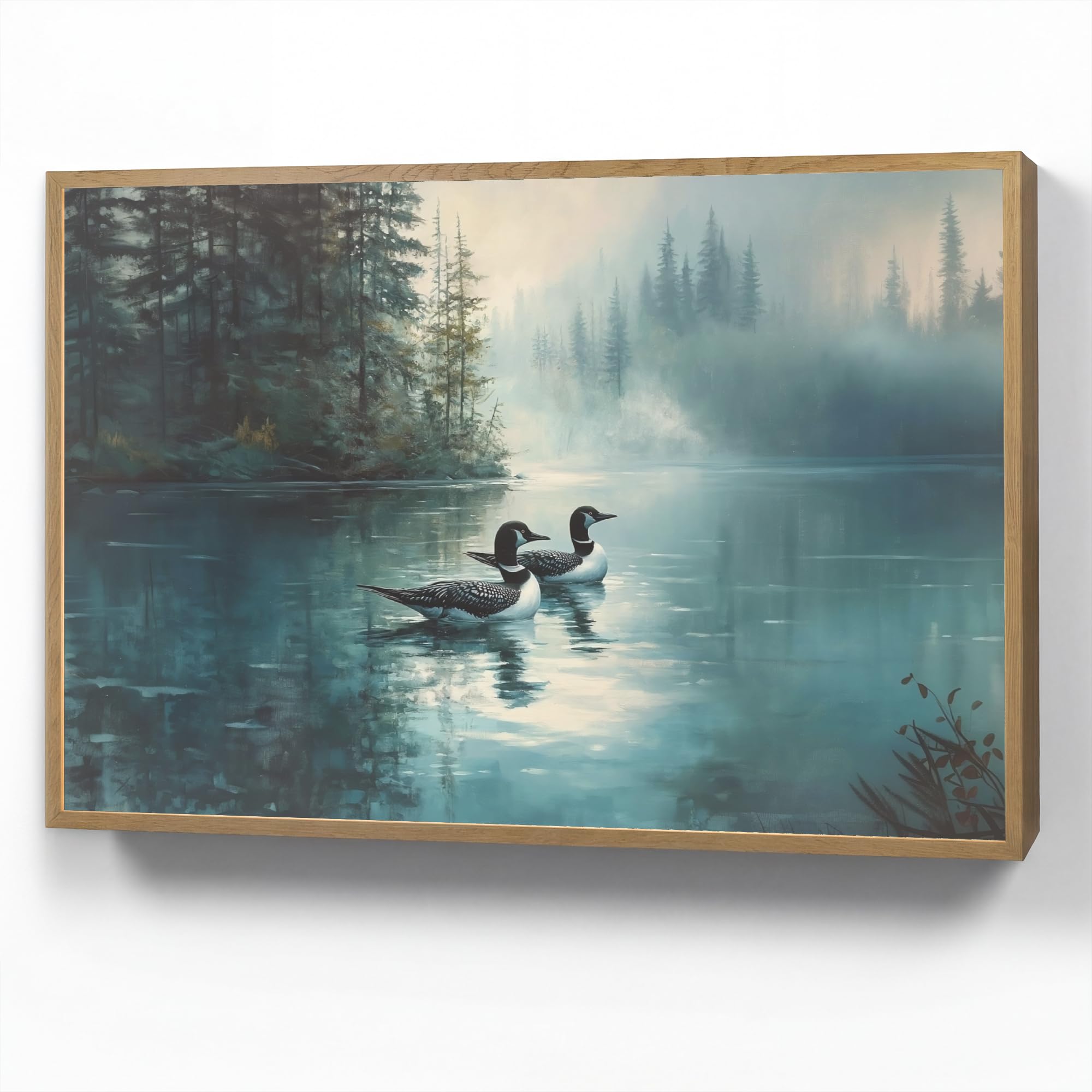 Moderne LED Wandleuchte Innen 90x60 cm Aufladbar Wandbeleuchtung Schlafzimmer Nachtlampe Flach Fernbedienung Warmes Still Licht Dimmbare Lampe Wald - Wasser - Enten - Neblig