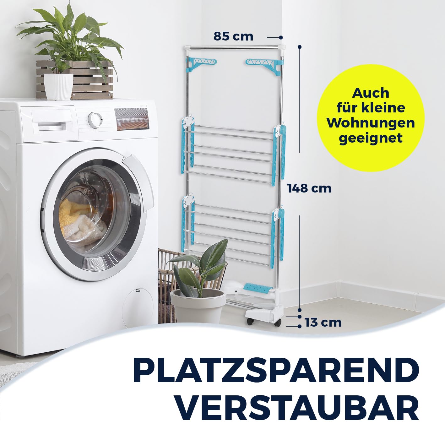 EASYmaxx Elektro-Wäscheständer 900 | elektrischer Wäscheständer mit Rollen, 9m Trockenlänge & 2 Etagen | Turmwäscheständer mit Seitenflügeln & Luftstrom-Technologie | 138x65x148 cm