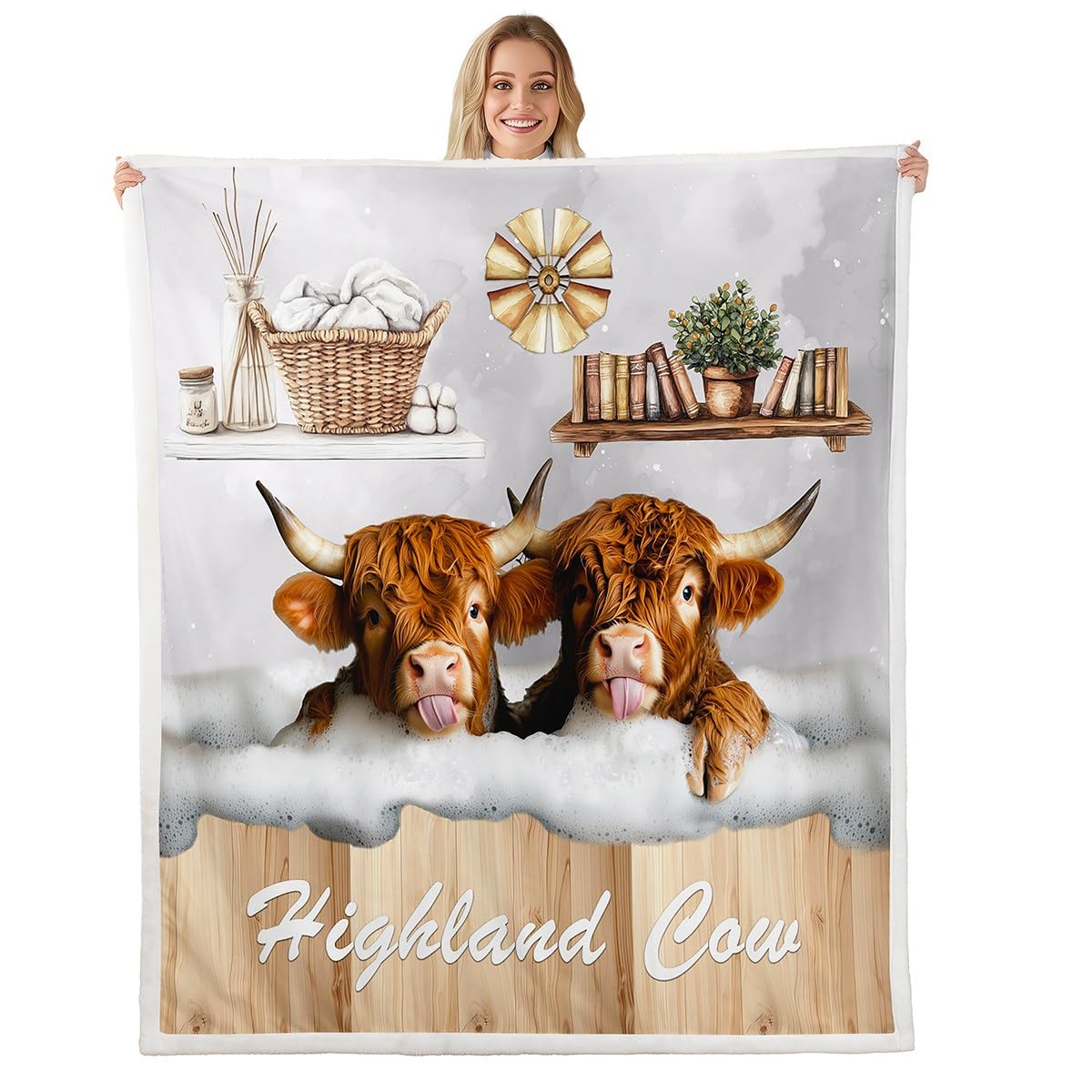 Homemissing Cute Highland Cow Fleece Throw Blanket 40x50Inch For Kids Boys Girls Teens Farm Highland Cattle Plush Sherpa Blanket Rustic Farmhouse Bedroom Decor