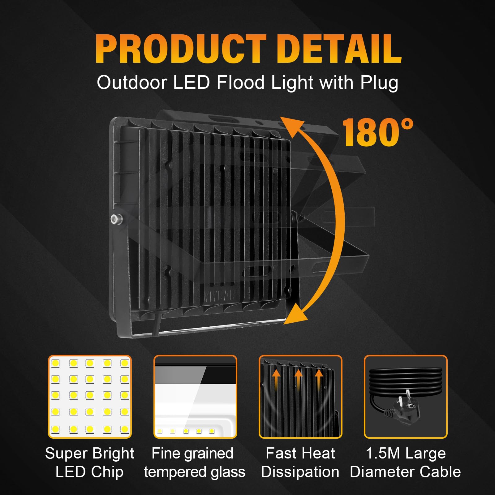 RIGIDON LED Strahler Außen & Innen mit Stecker, 200W 20000LM Außenstrahler | LED Scheiwerfer Spotlight Fluter Flutlicht 230V, IP66 Wasserdicht 6000K kaltweiß für Garage, Garten, Sportplatz, Terrasse