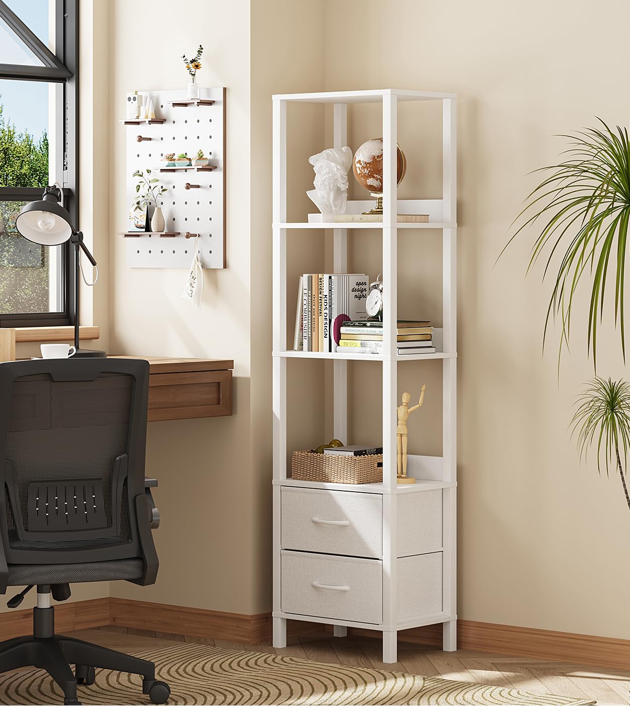 Estantería alta con cajones, estantería de 6 niveles para libros, kit de garaje, CD, películas, estantes modernos de pie, organizador de almacenamiento para dormitorio, oficina, sala de estar, 2