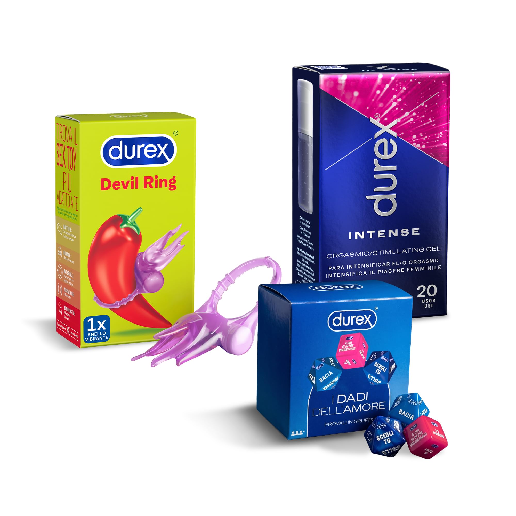 Durex Play Little Devil e Play Intense Vibration, Vibratori, Anelli Stimolanti per lui e per lei, 2 Pezzi + dadi dell'amore Durex 2024