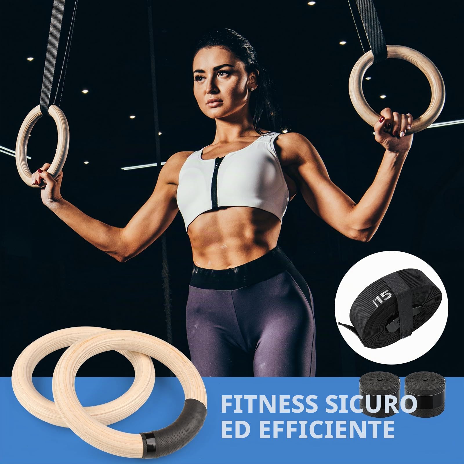 Anelli Ginnastica Legno/ PVC - Fitness Anelli Palestra con Regolabili Lunghi Fibbie Cinghie - Allenamento per Palestra di Casa & Fitness - Grande per Il Muscolo Up, Pull Up & Training Muscolare