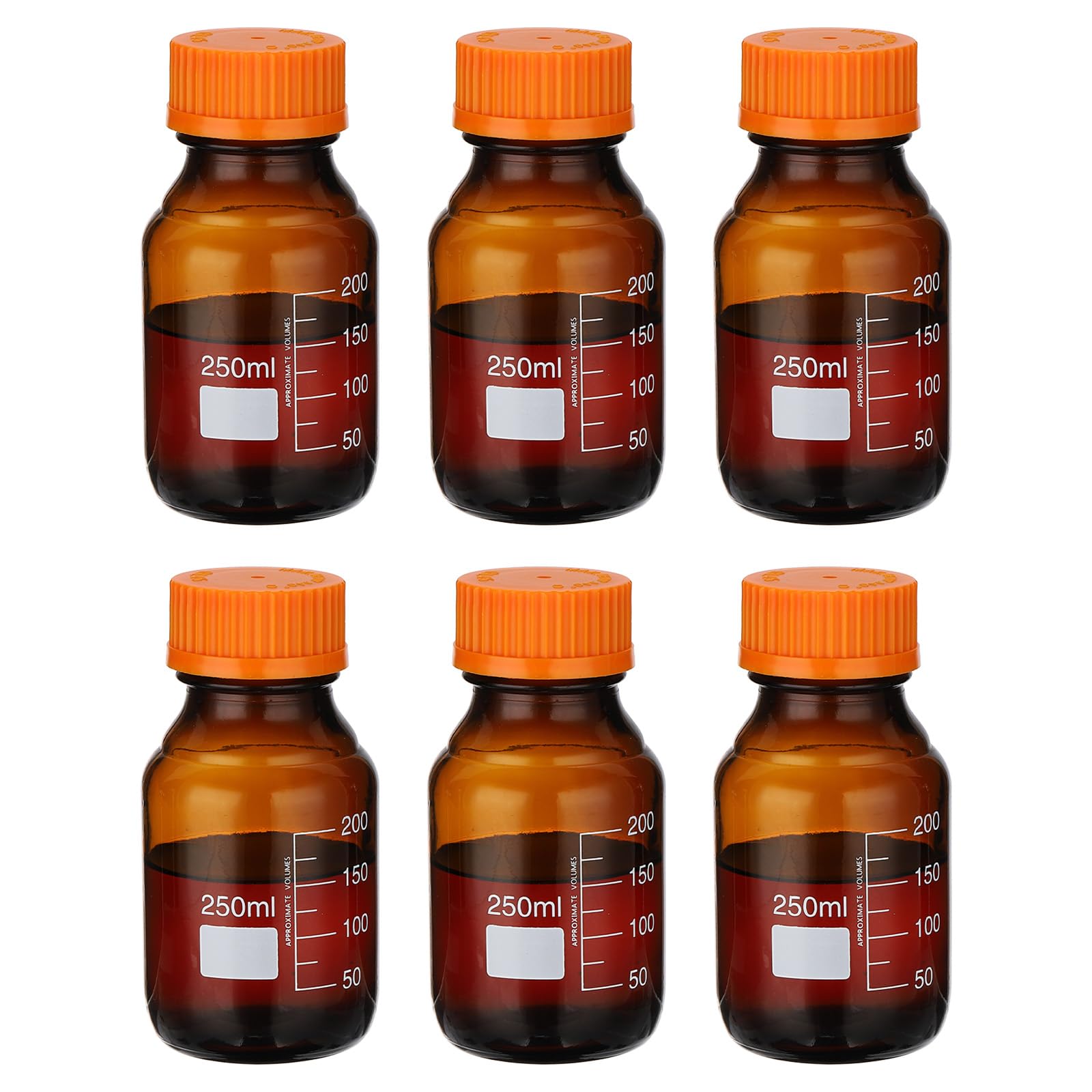 PATIKIL Confezione da 6 bottiglie rotonde per reagenti, in vetro borosilicato, 250 ml, con tappo a vite GL32 arancione, per liquidi reagenti d'acqua di laboratorio, ambra