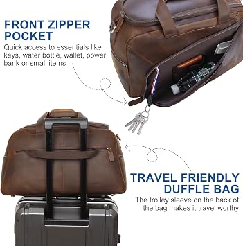 TIDING Full Grain Leather Duffle Bag for Men - 20 Inch TSA Approved Carry On Weekender Overnight Travel Duffel Bags