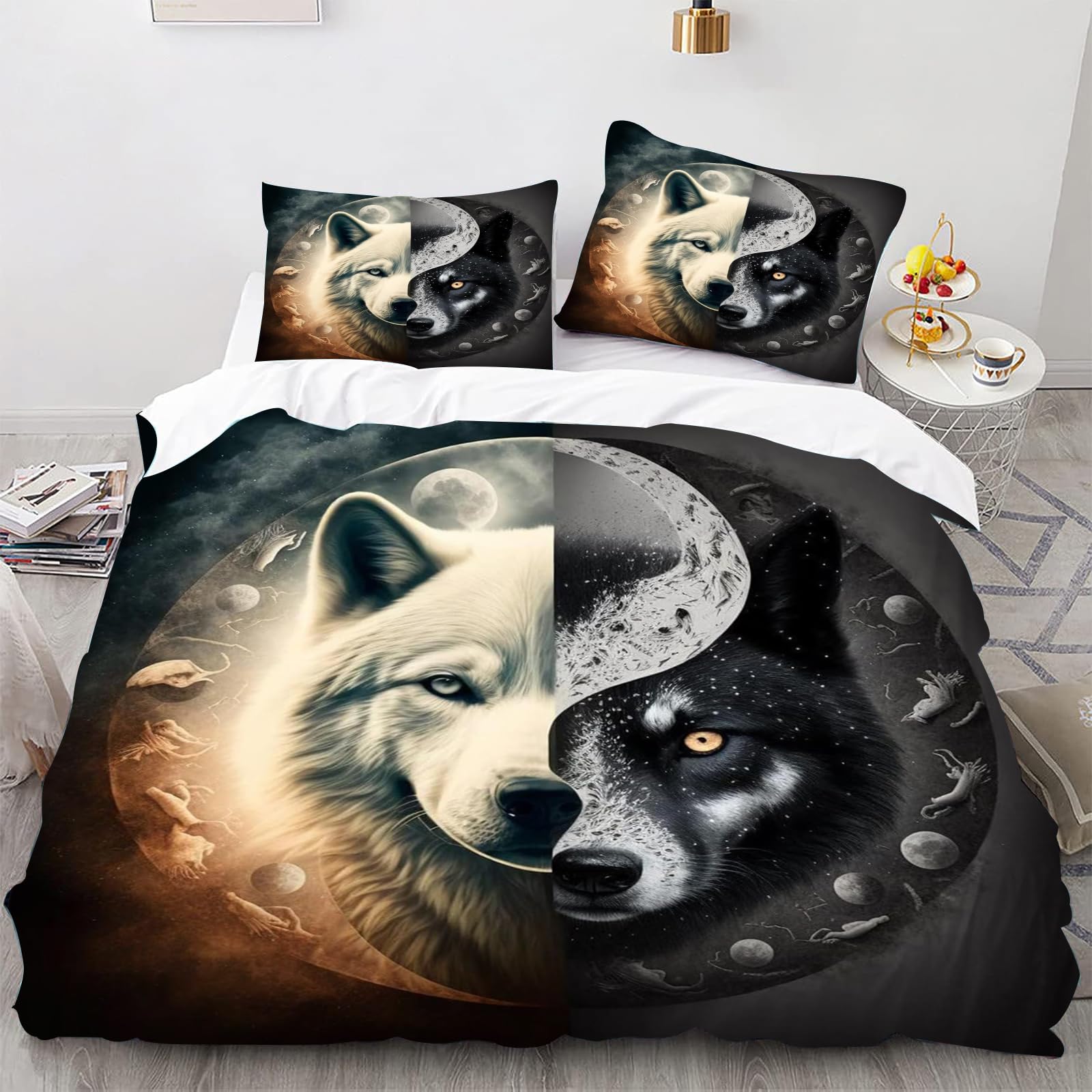 Smchwbc 4 Wolf Bed Linen 135 X 200 Cm Children's Animal 3D Wolf Duvet Cover Set For Teenagers, Wolf Bed Linen Set 3-Piece Black Blue With Zip (200 X 200 Cm, )