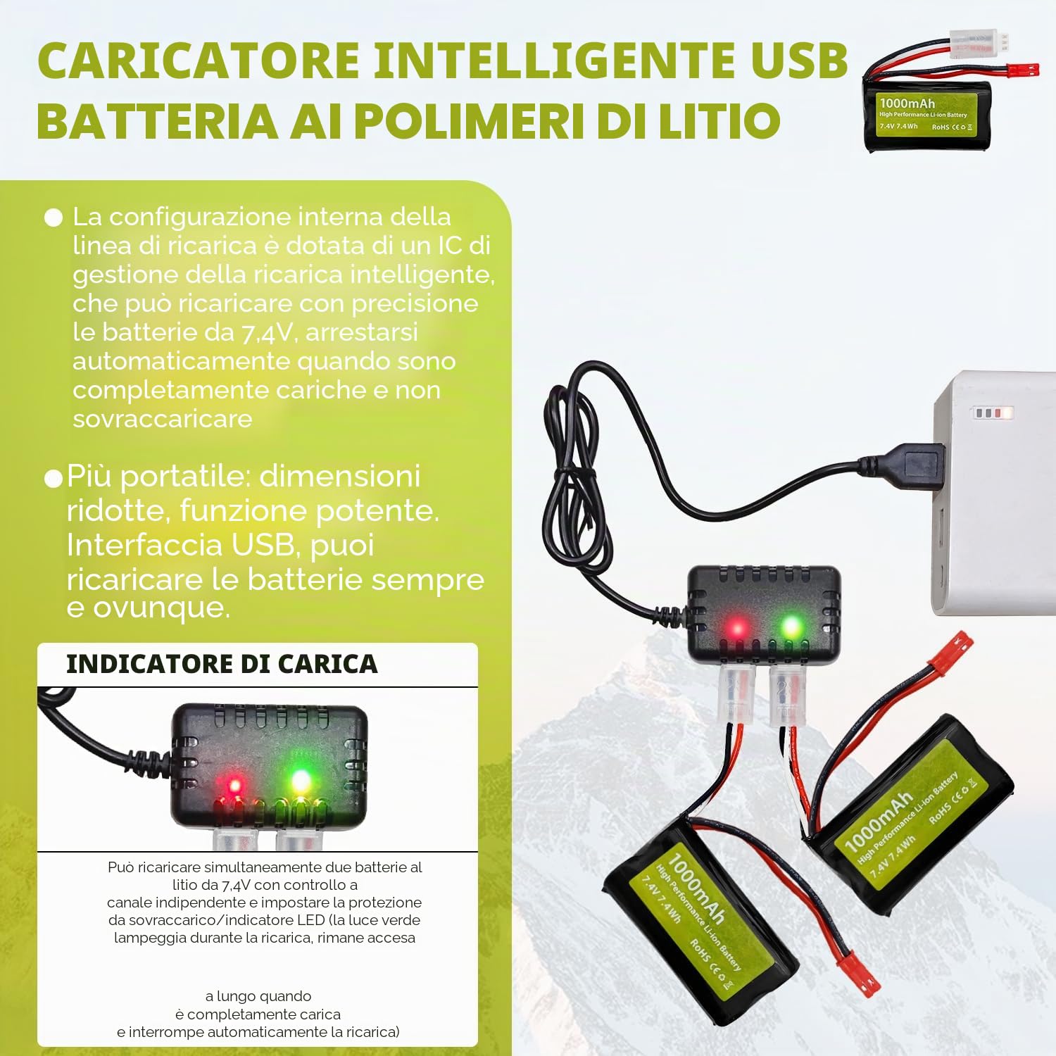 2PCS 7.4V 1000mah 2S batteria agli ioni di litio con spina JST con caricatore 2-in-1 Adatto per auto RC, flipper acrobatici, camion, modelli di auto giocattolo off-road veicoli
