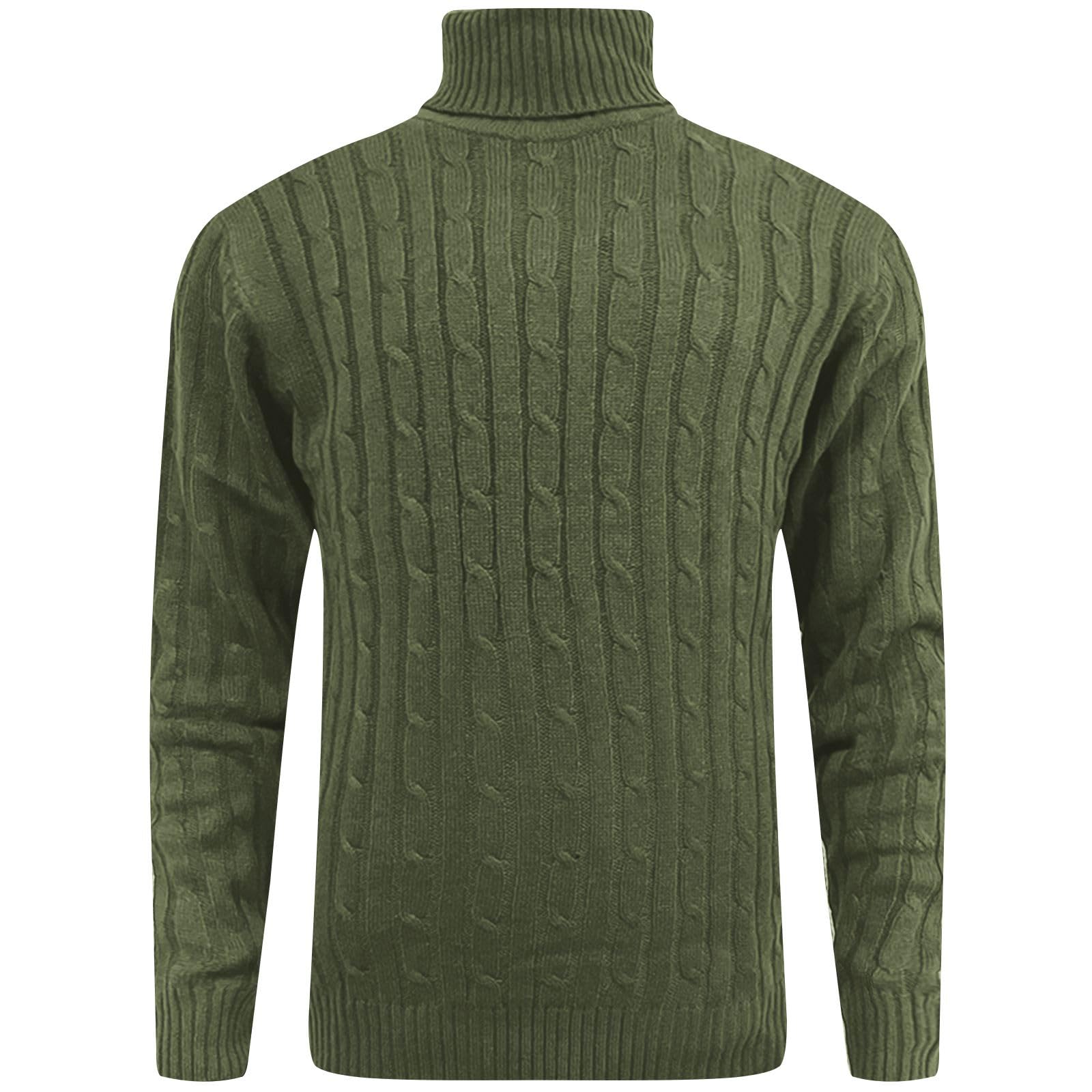 FashionEgo Mens Cable Knit Turtle Neck Jumper Polo Roll Neck Sweater Pullover Ribbed Knitwear Fisherman Menswear Pullover, Olive - FE, L