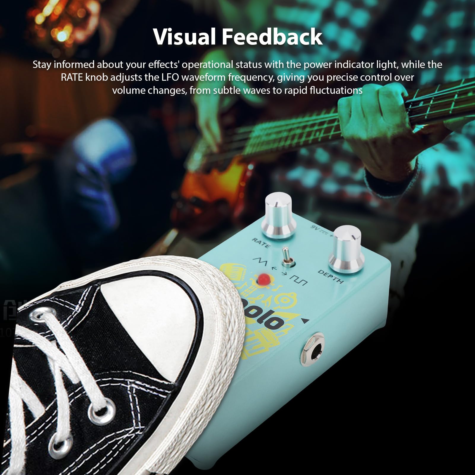 Pedał Tremolo do Gitary, Design w Stylu Vintage z True Bypass i Przełącznikiem Kształtu Fali LFO, Tryb Trójkąta/kwadratu, Pokrętła RATE i DEPTH, Funkcje Nagrywania w Pętli