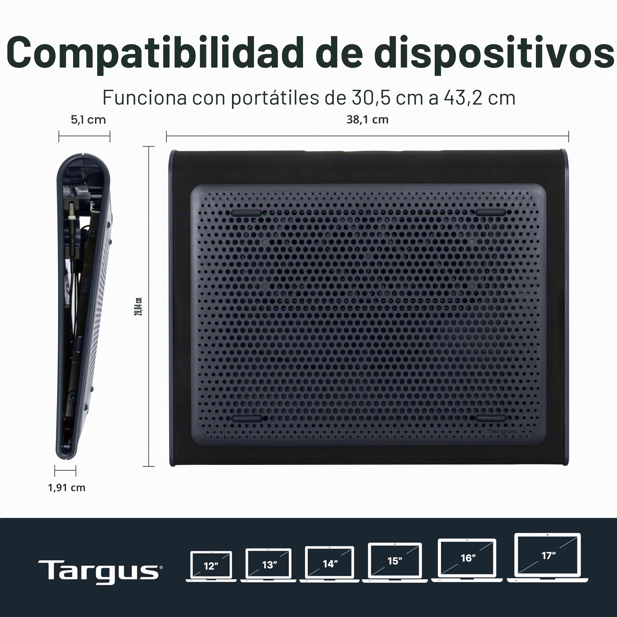 Targus Base refrigeradora para Ordenador con 2 Ventiladores, Soporte Inclinado para portátiles de hasta 17", Soporte Ventilador ergonómico y cómodo – Negro, AWE55GL