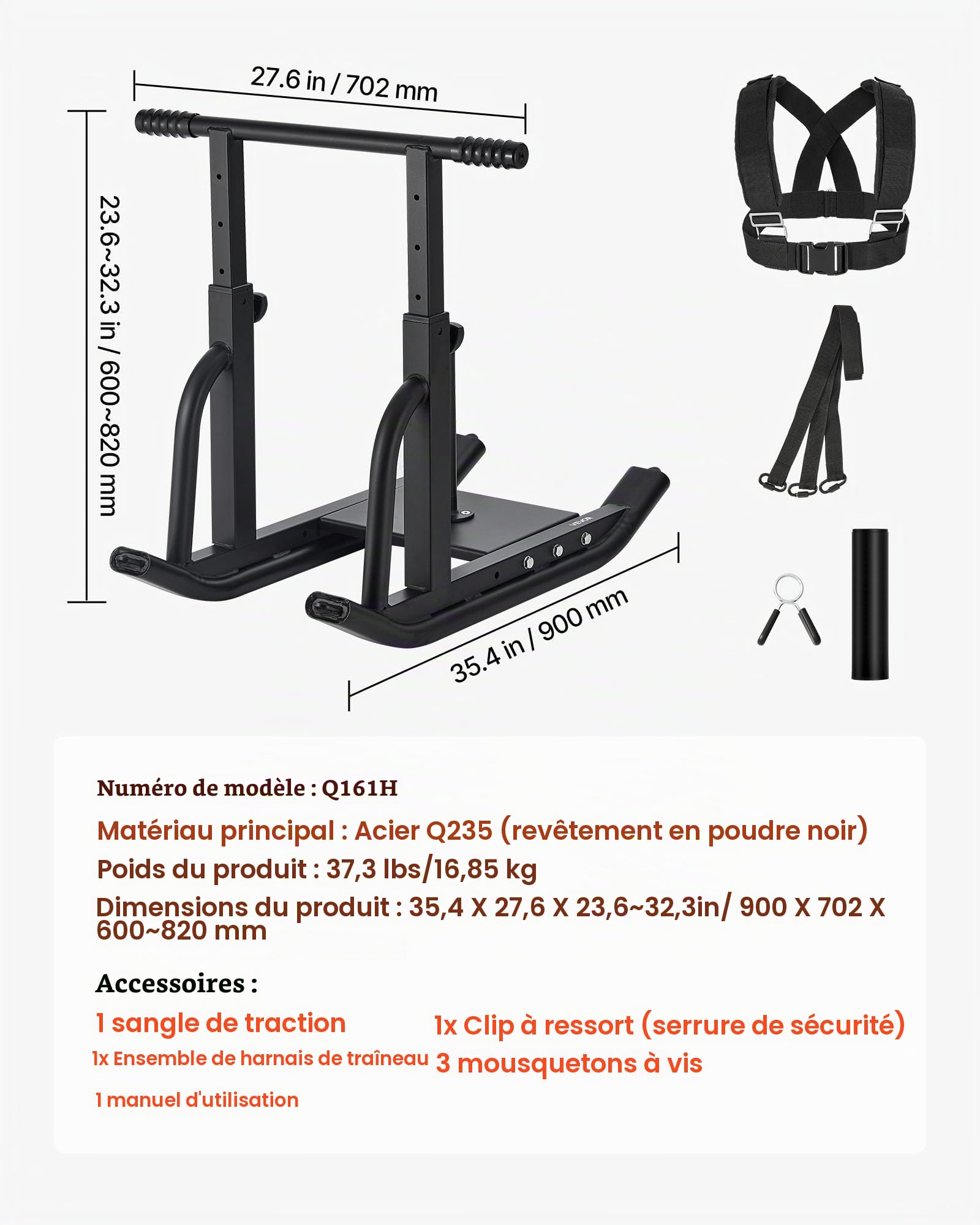 VEVOR Traîneau de Puissance Poussée Traction, Équipement d'Entraînement de Force, Vitesse et Explosivité avec Poignée Réglable en Hauteur, Compatible avec Disques de 2,5 et 5 cm, pour Fitness, Noir