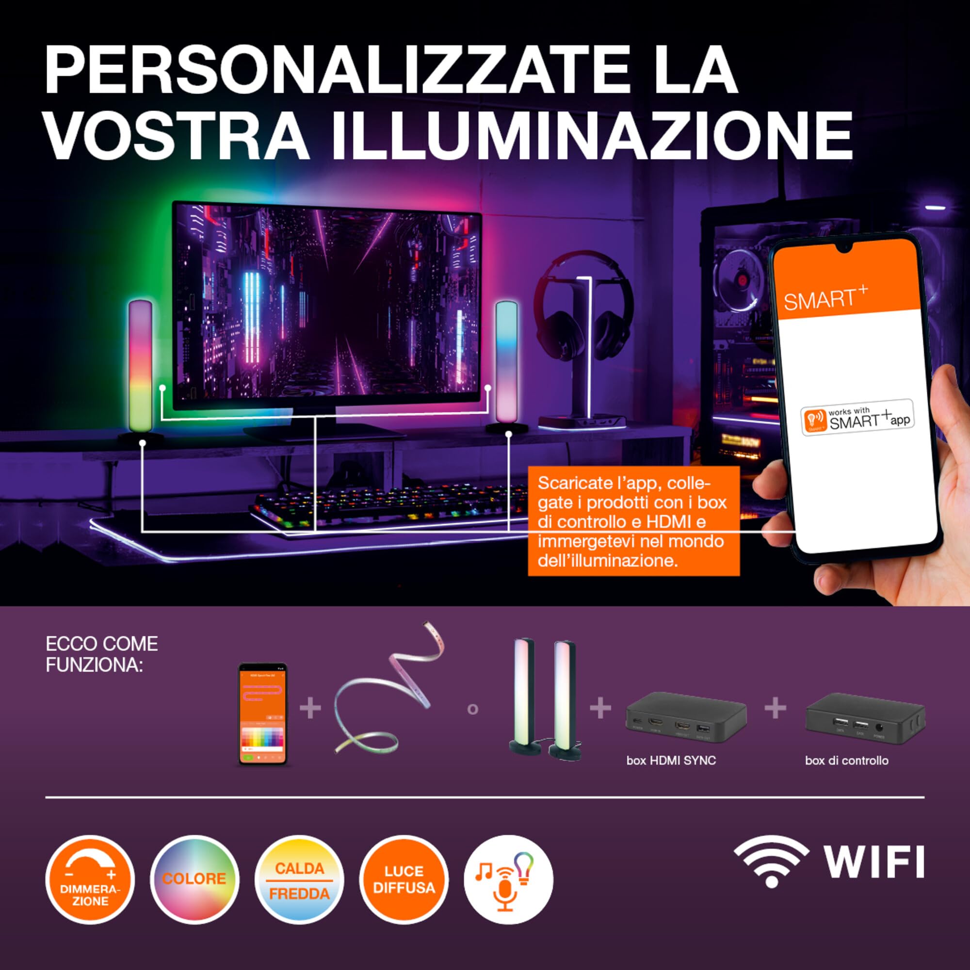 LEDVANCE SMART WIFI lampada da terra intelligente e moderna per illuminazione indiretta con tecnologia WiFi e Magic RGB; dimmerabile; argento; alluminio; lampadina non sostituibile