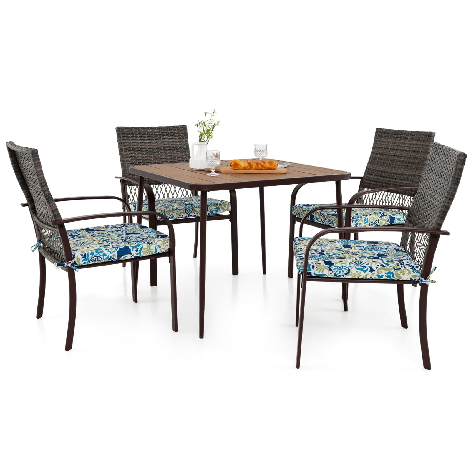 COSTWAY Conjunto Jardin Exterior de 5 Piezas, 4 Sillas de Ratán con Cojines y Mesa Cuadrada con Tablero de Madera Plástica y Agujero para Sombrilla, Muebles Comedor Jardin Terraza Balcon Exterior