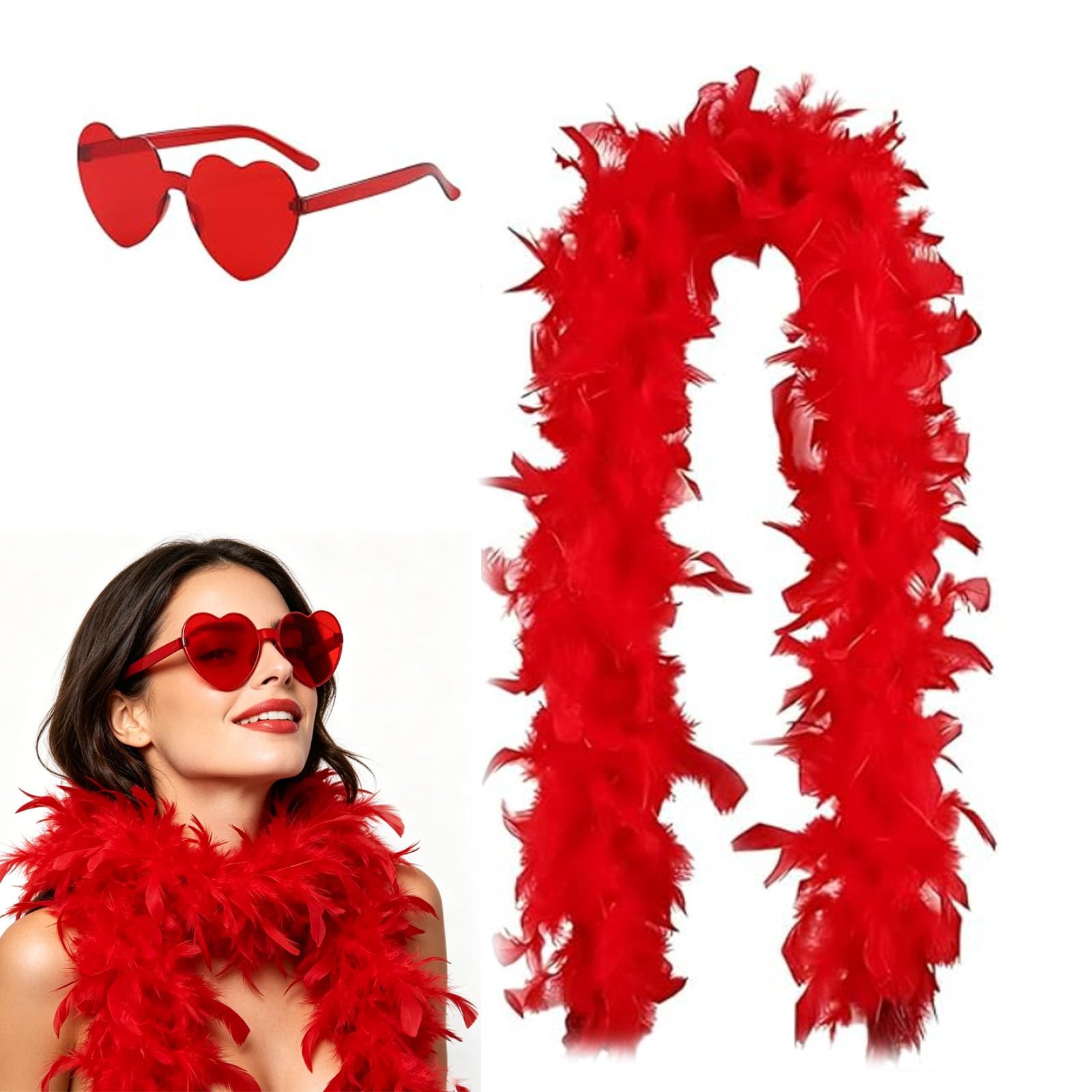 Red Feather Boa, 2PCS Feather Scarf Set with Heart Glasses
