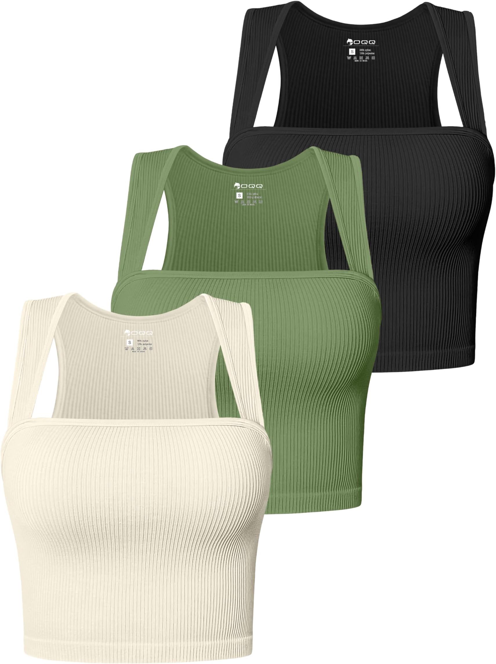 Women's 3 Piece Tank Tops Strappy Sleeveless Square Neck Stretch Tee Shirts Crop Camis