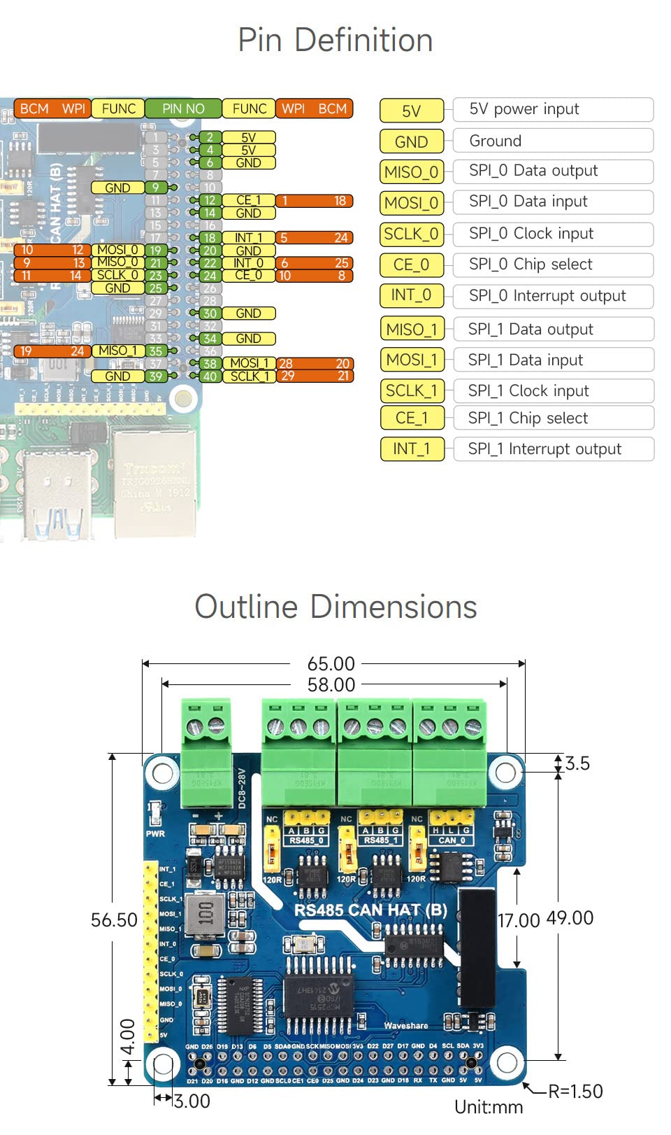 Waveshare Isolated RS485 Can Hat B Type For Raspberry Pi 2-Ch RS485 and 1-Ch Can Multi Protections
