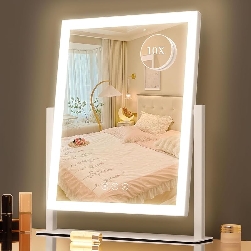 Espelho de mesa com iluminação Kotdning, 3 modos de luz, controle por toque, rotação de 360° e espelho auxiliar