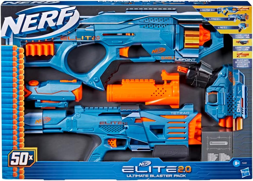 Nerf Elite 2.0 Ultimate Blaster Pack, 3 Nerf Dart Blasters, 50 Nerf Elite Darts, Fun and Easy To Load and Fire, Detachable Scope and Barrel