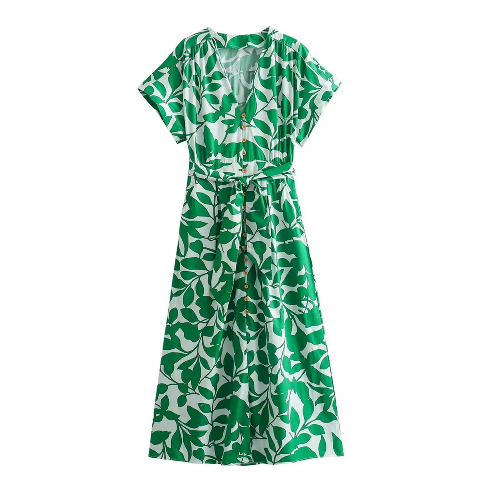 Primavera/Verano Nuevas Mujeres con Cuello en V Manga Corta Botón Decoración con Cinturón, Vestido Largo, Vestido Estampado-Verde-M