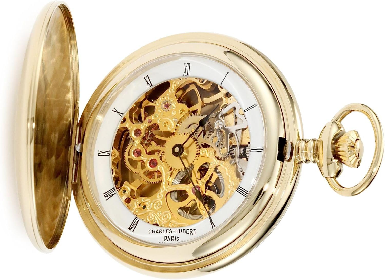 Charles Hubert 3905-G Men's Pocket Watch, Mechanical Hand Winding, Skeleton, Gold