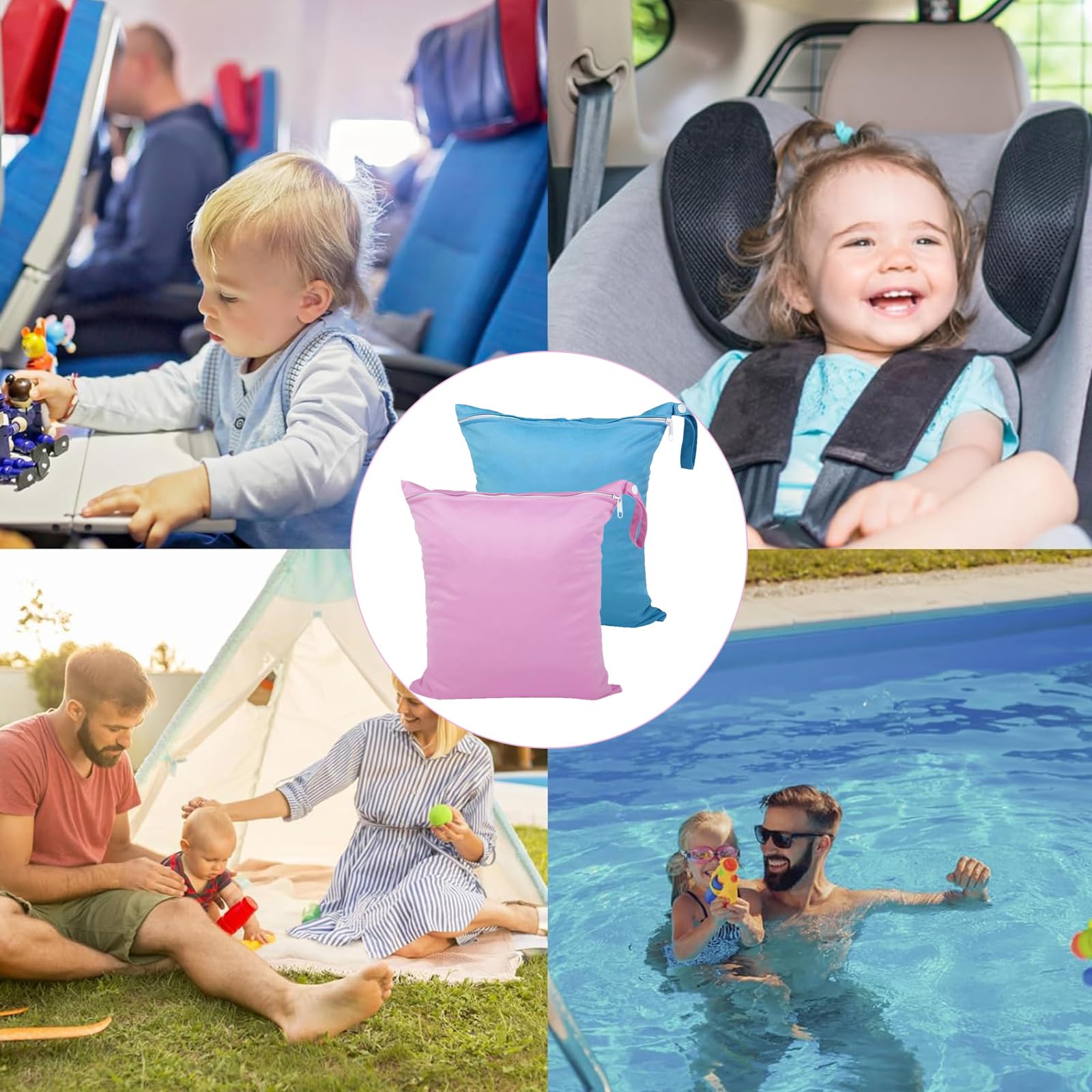 2 Pièces Sac Linge Sale, Sac Etanche 28 × 30 cm, Wetbag étanche à l'eau, Sacs étanches Réutilisable pour Produits pour Bébé Sports Natation Vacances à la Plage Salle de Sport (Bleu et Rose) | Sac à Couches Lavable avec Poignée et Fermeture Éclair pour Mai