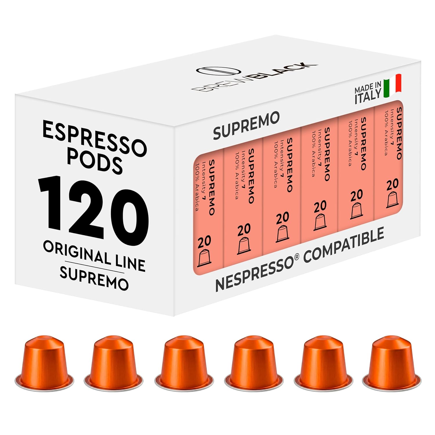 BrewBlack Supremo Coffee Capsules - 50 Aluminum Coffee Pods Compatible with Nespresso Original line, 100% Arabica Medium Roast - Intensity 7/12, Made in Italy, (Packaging May Vary)