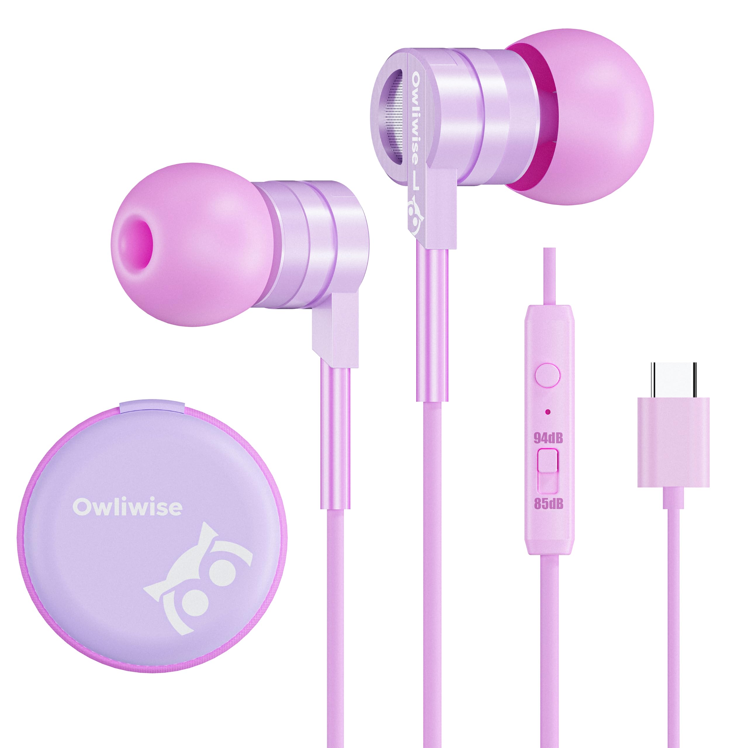 Owliwise USB‑C 子供用有線イヤホン 通学用 マイク搭載 装着感良好小型イヤホン タイプc 絡まり防止 音量調整機能付き Chromebook ノート PC スマホ対応 男の子 女の子用小サイズイヤー付属 ピンク